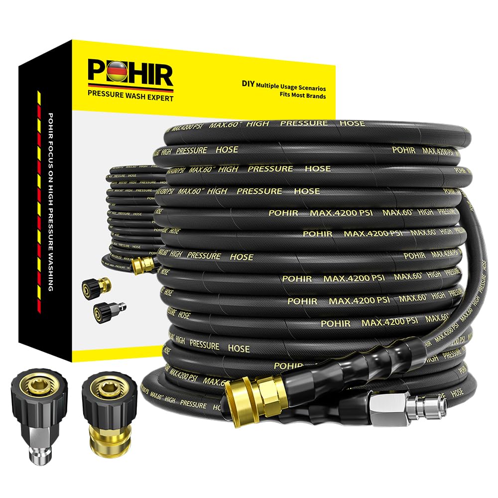 POHIR pressure washer hose 50ft extends reach for thorough exterior cleaning.