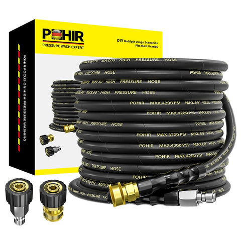 POHIR pressure washer hose 50ft extends reach for thorough exterior cleaning.