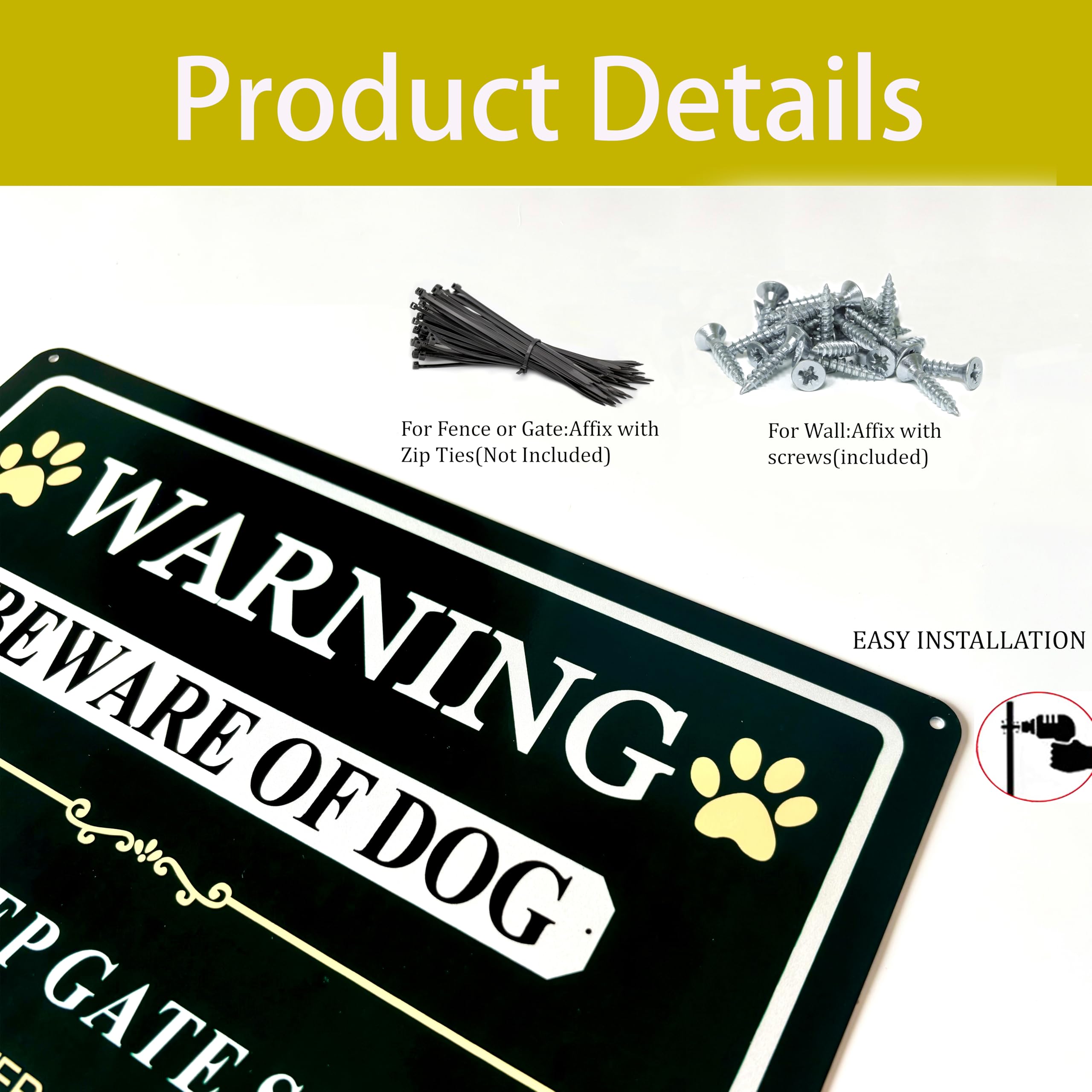 Poicrm beware of dog sign easy install with pre-drilled holes.