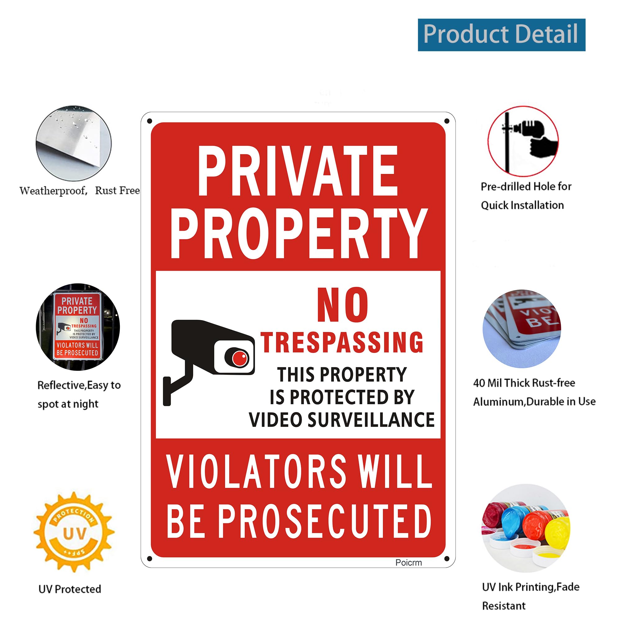 Poicrm no trespassing sign four mounting holes for easy installation