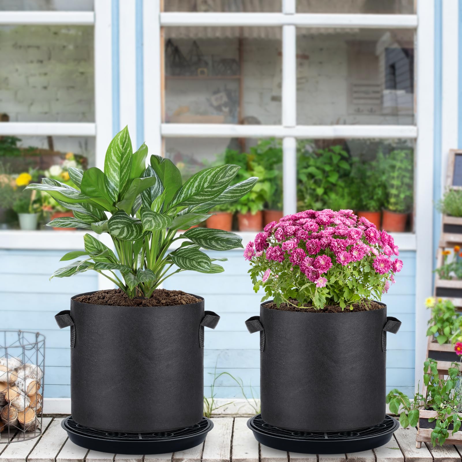 POILKMNI elevated water plate keeps fabric pots off the ground to prevent overflow.