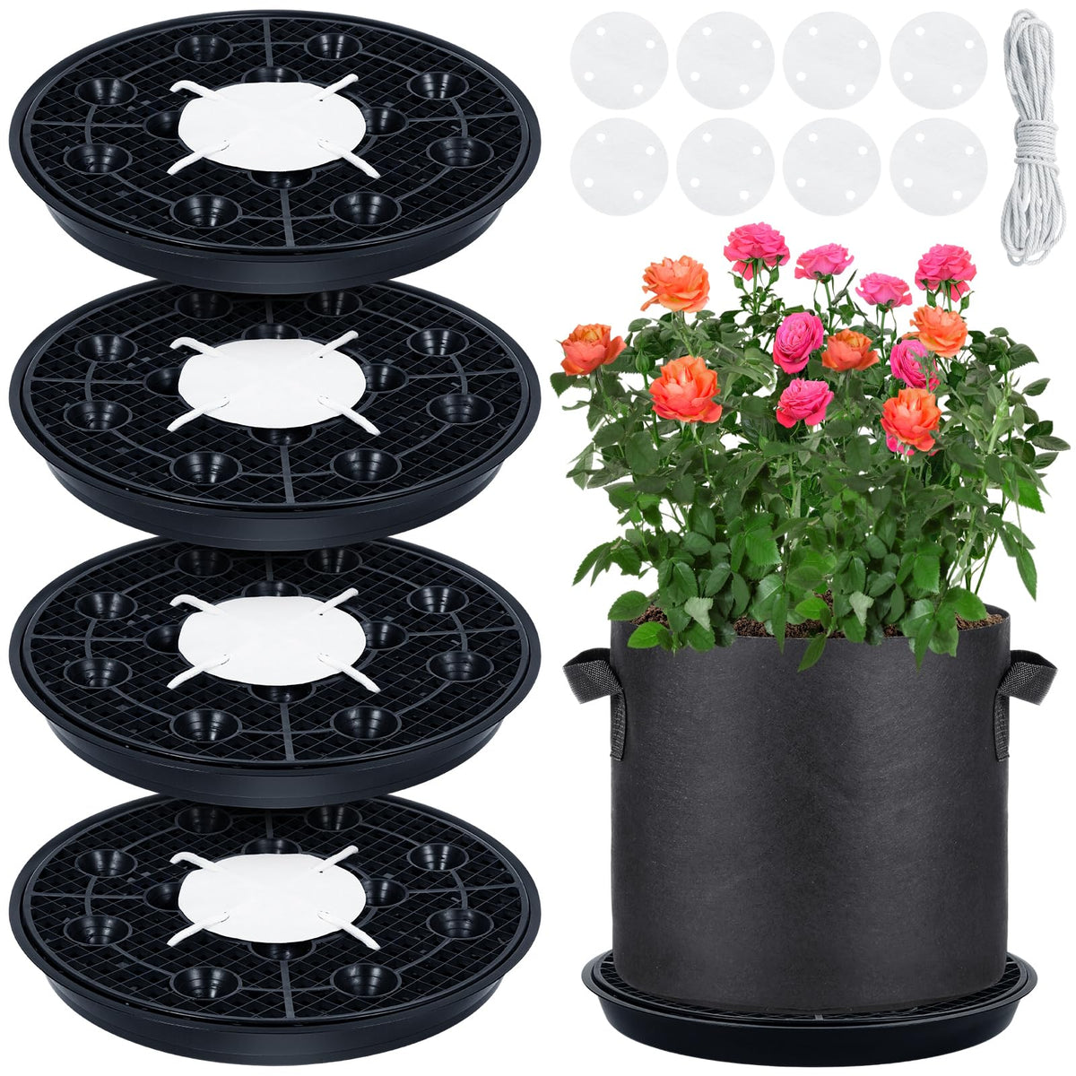 POILKMNI self-watering base with grid top view supports 16.5-inch grow bags for steady moisture.
