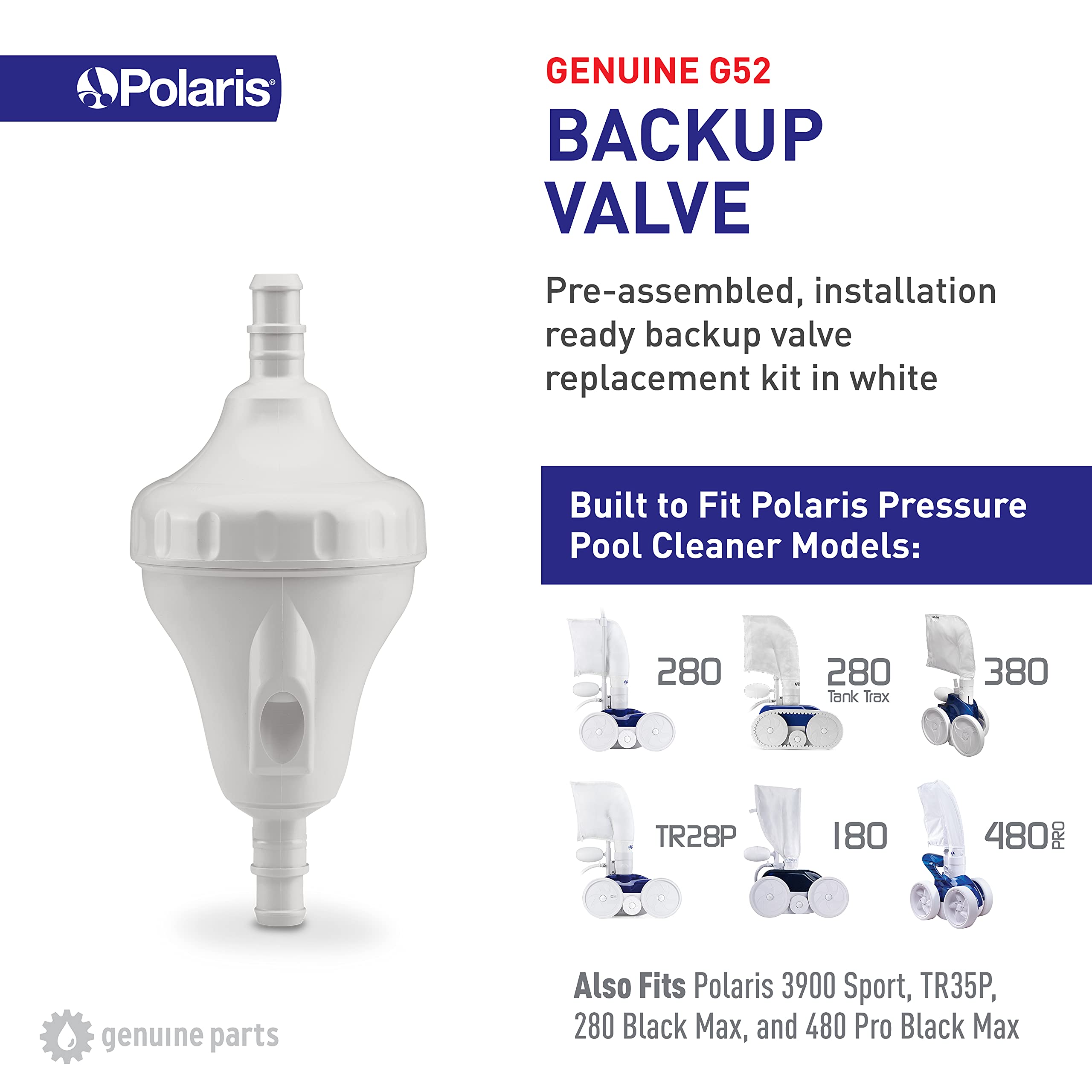 Polaris Back-Up Valve Kit packaging shows compatibility with Vac-Sweep models.