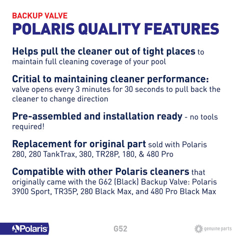 Polaris Back-Up Valve Kit installation diagram for 180 and 380 models.