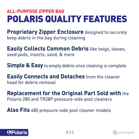 Polaris bag white exterior provides clear visibility during cleaning.