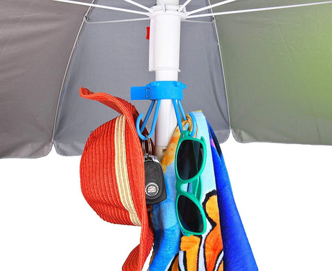 Pole-R Bear umbrella hook secures bags, reducing clutter at the beach.