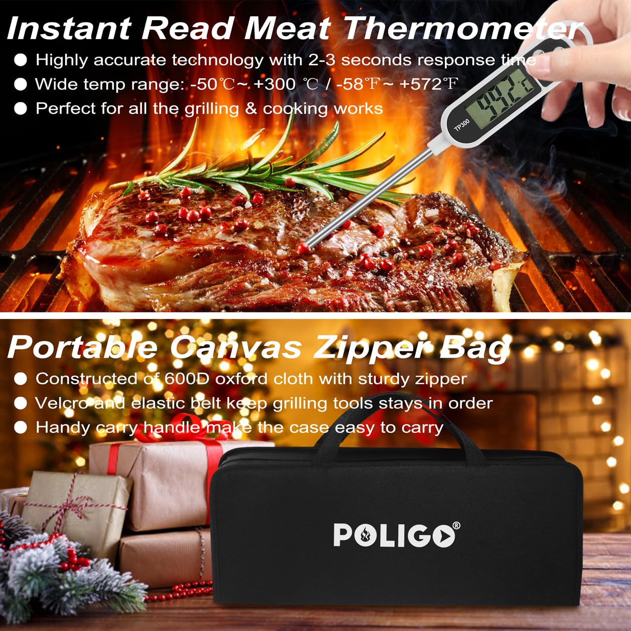 POLIGO 29-piece BBQ thermometer for accurate doneness checks