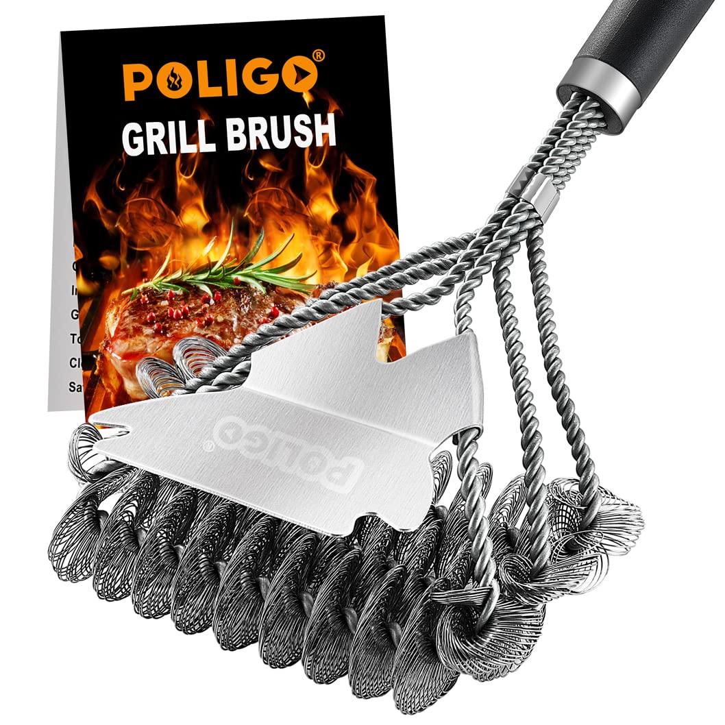 POLIGO bristle-free BBQ grill brush with scraper for safe, thorough cleaning.