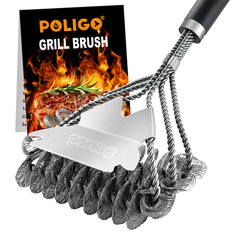 POLIGO bristle-free BBQ grill brush with scraper for safe, thorough cleaning.