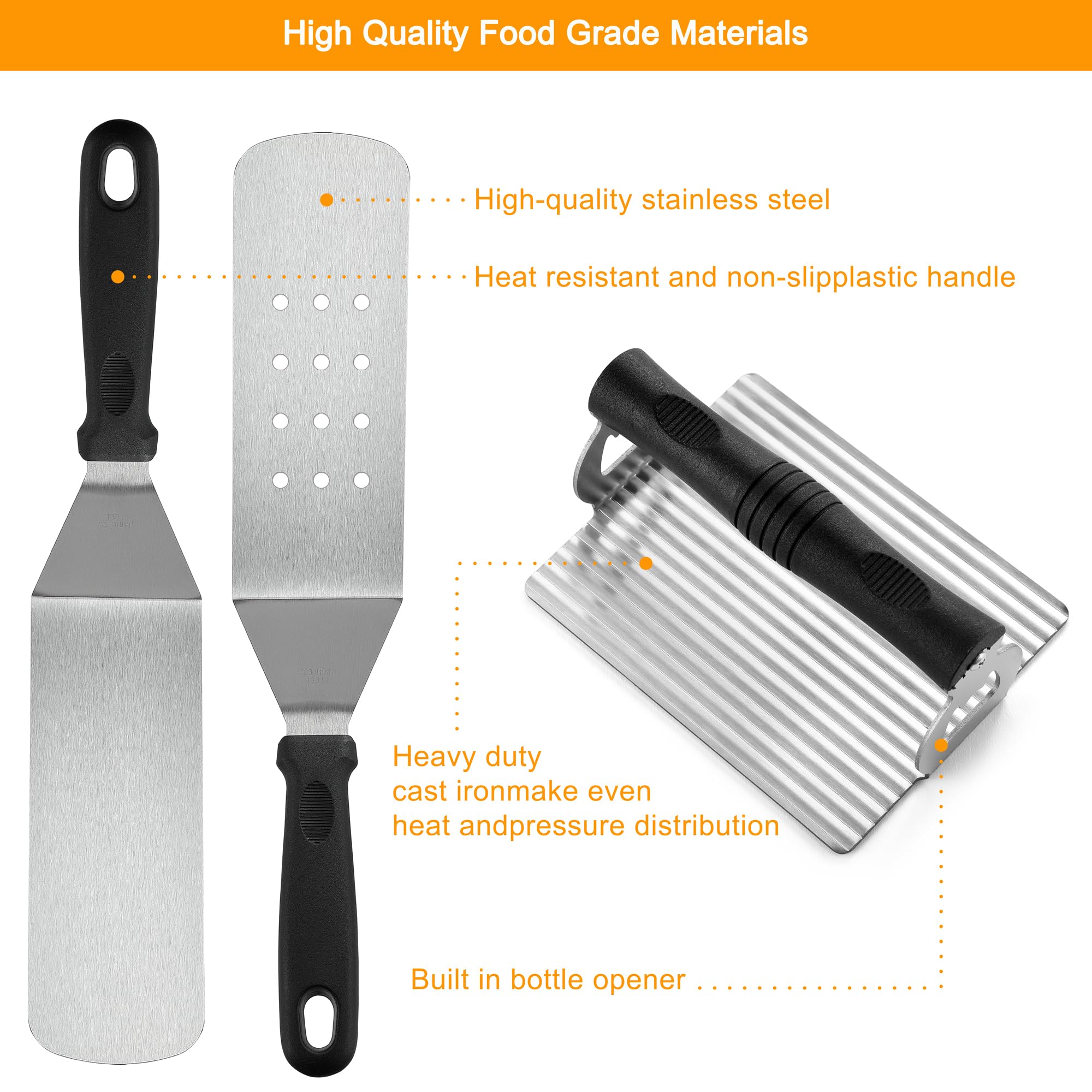 POLIGO extra-wide burger spatula for easy buns and even searing.