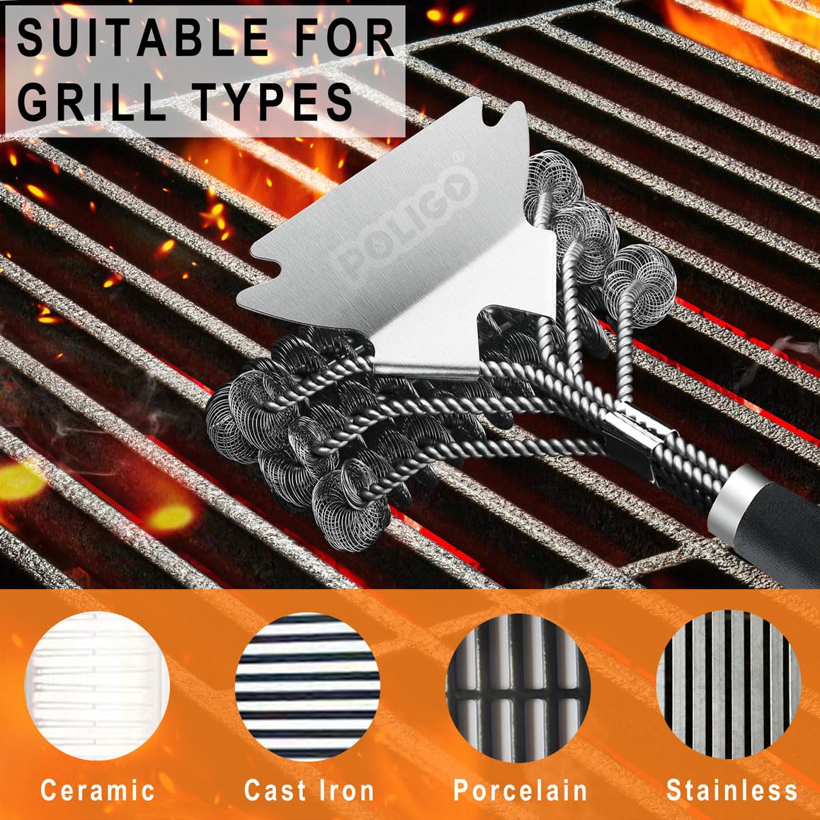POLIGO porcelain and ceramic grill safe cleaning tool for delicate surfaces.