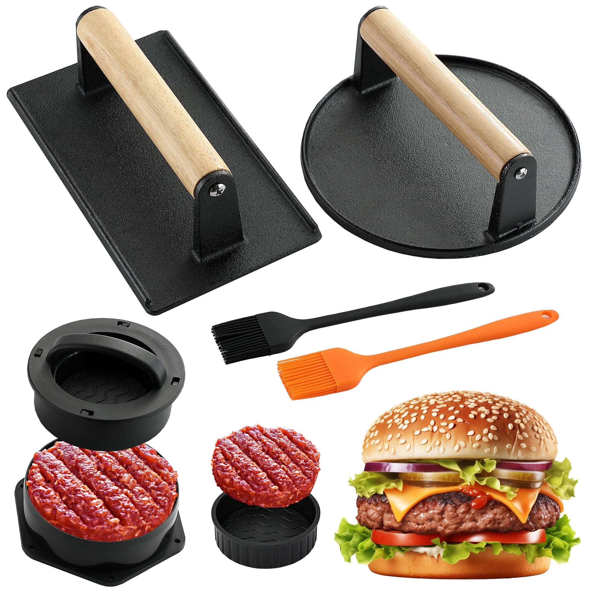 POLIGO 4-in-1 burger press mold shapes uniform patties for even cooking.