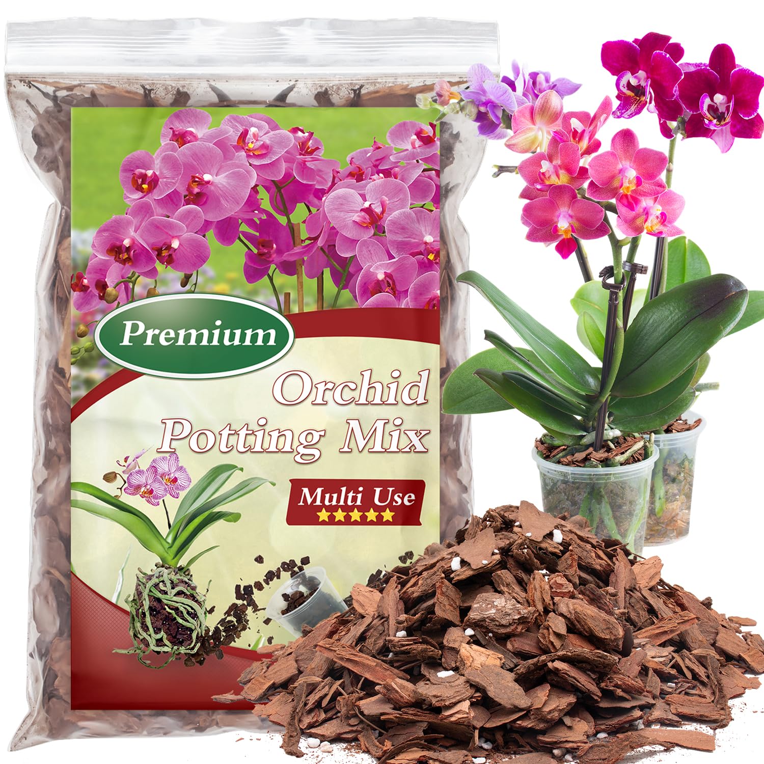 POLIUMB Orchid Bark Potting Mix bag close-up showing aeration and moisture balance.