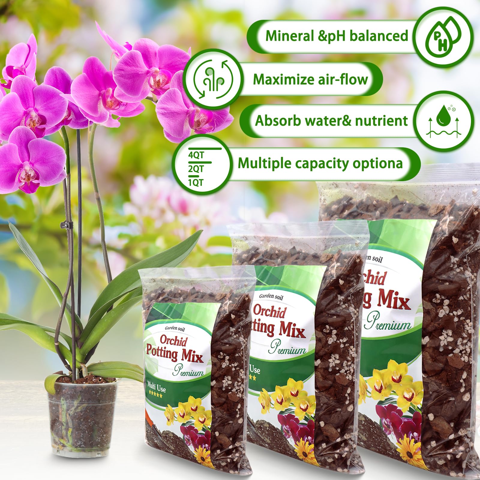 Reusable resealable bag highlights eco-friendly orchid soil for indoor plants.