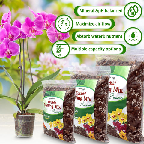 Reusable resealable bag highlights eco-friendly orchid soil for indoor plants.