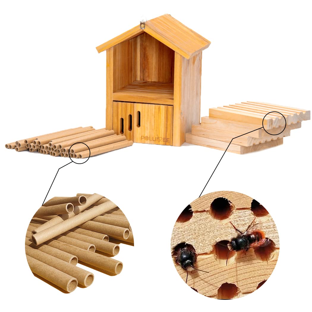 POLLIBEE Mason Bee House includes wood block nesting.