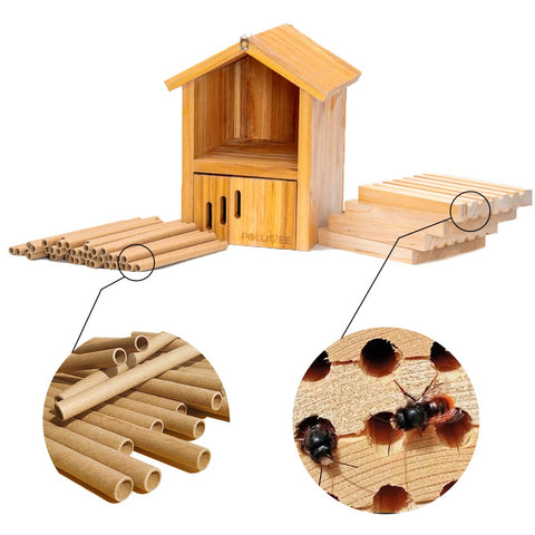 POLLIBEE Mason Bee House includes wood block nesting.
