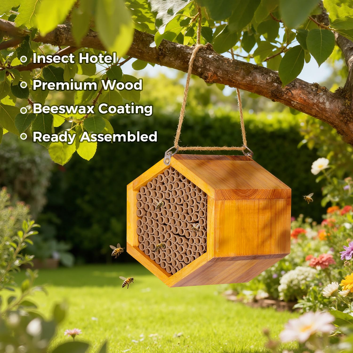 POLLIBEE mason bee house wax-coated provides waterproof protection in rainy climates.