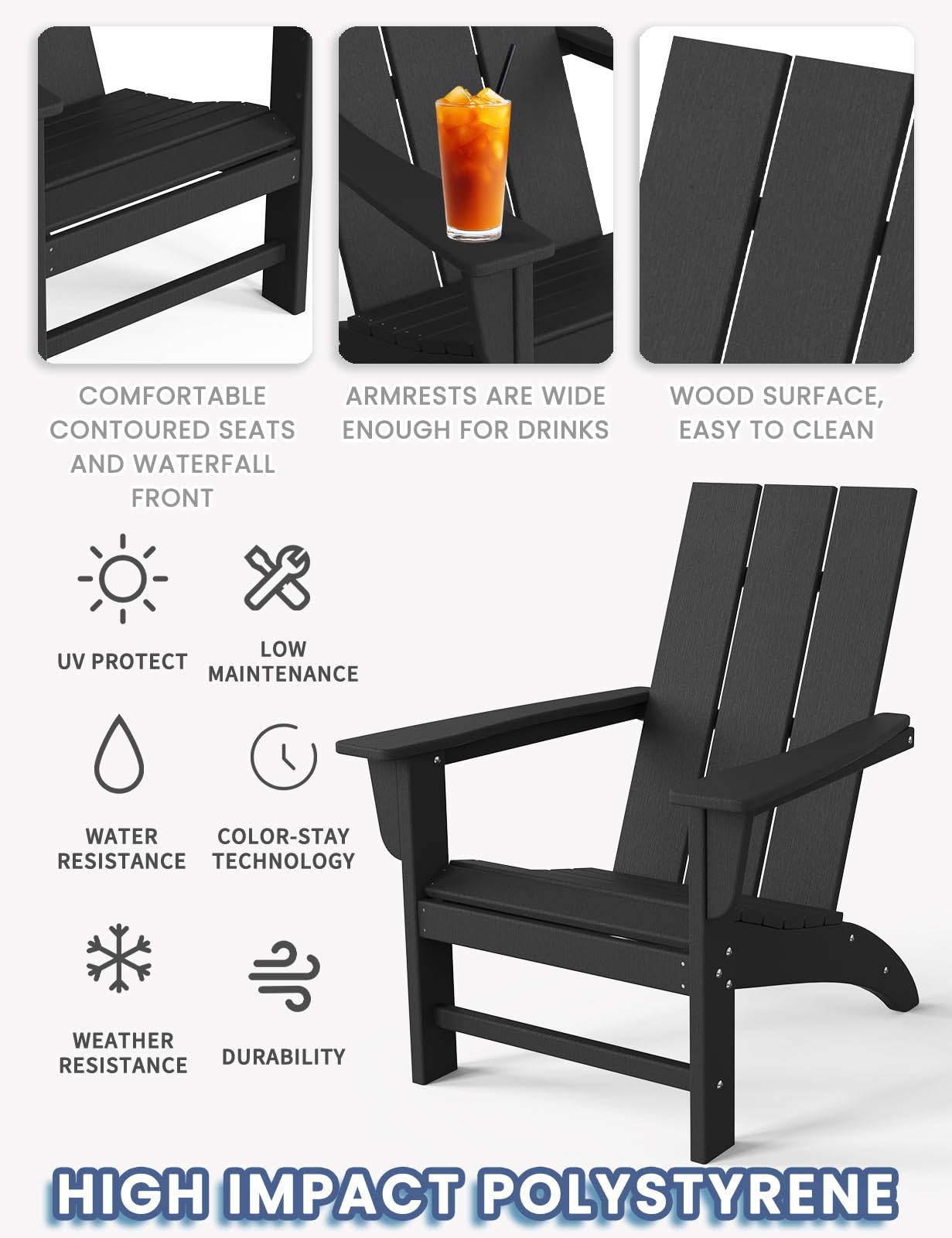 POLYDUN Modern Adirondack Chair armrests hold cups and phones easily.
