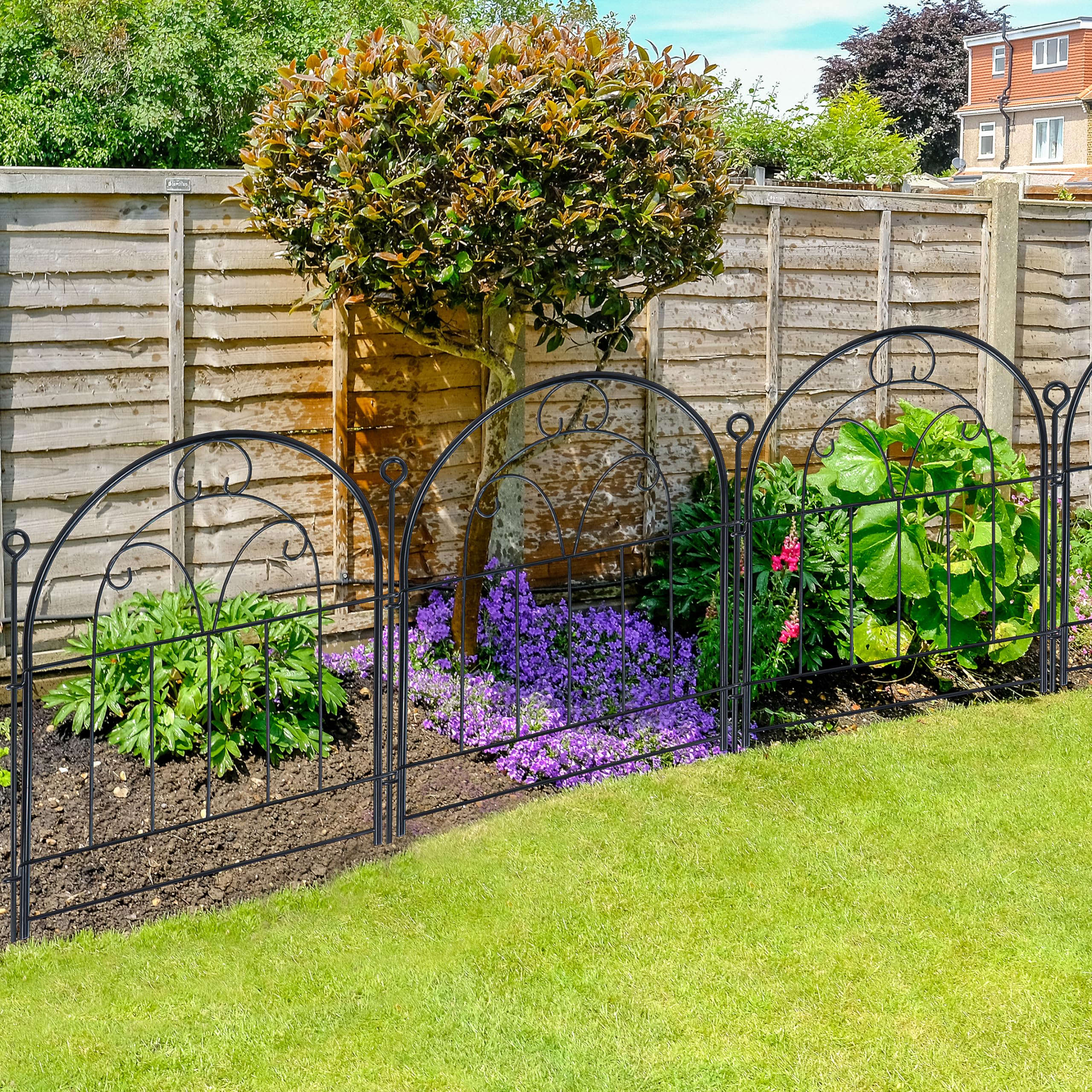 Polyjkl outdoor fence with black powder coating offering weather resistance.