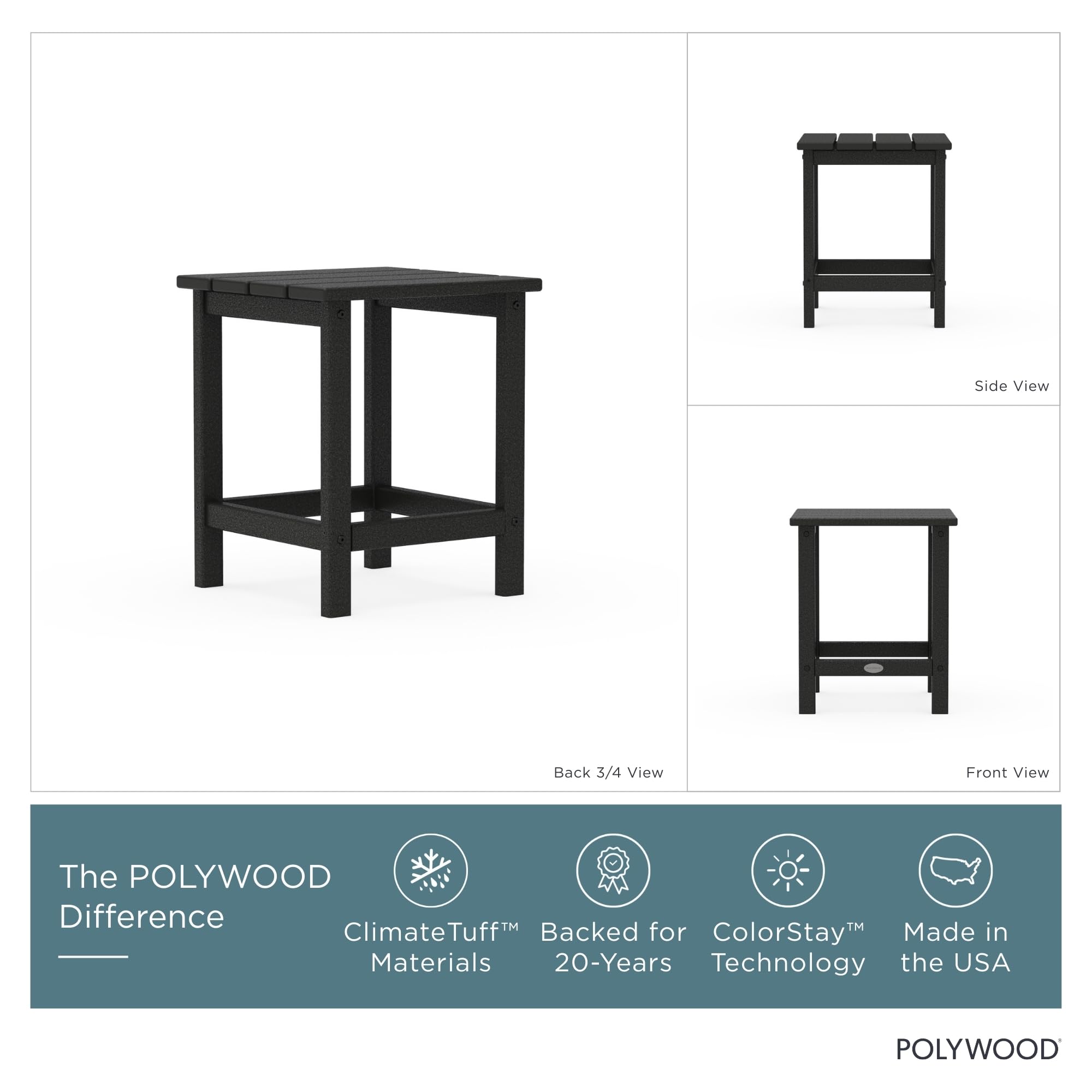 POLYWOOD Long Island 18-inch Side Table black, full-slat tabletop close-up showing durability.