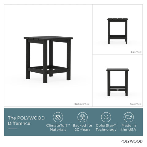 POLYWOOD Long Island 18-inch Side Table black, full-slat tabletop close-up showing durability.