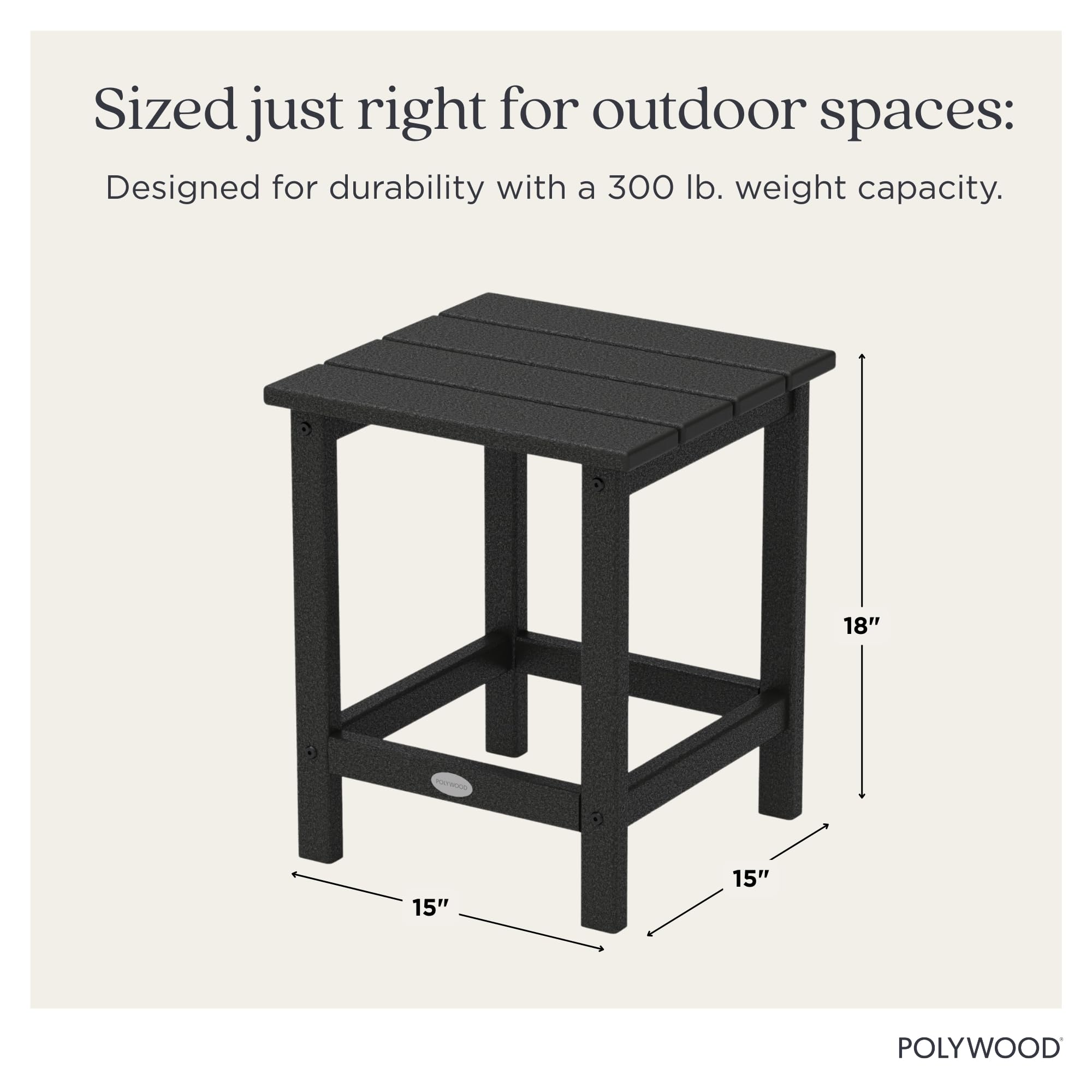 POLYWOOD Long Island 18-inch Side Table black, lumber texture close-up highlighting eco-friendly material.