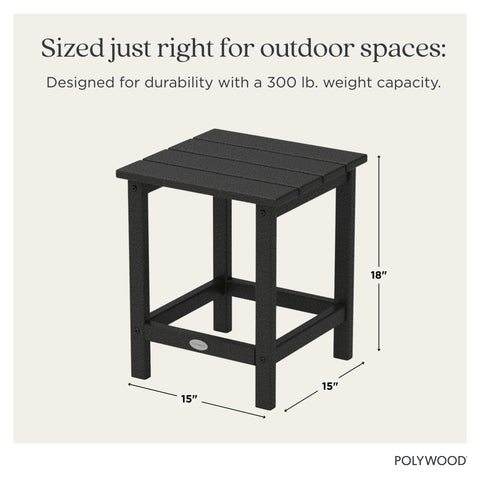 POLYWOOD Long Island 18-inch Side Table black, lumber texture close-up highlighting eco-friendly material.