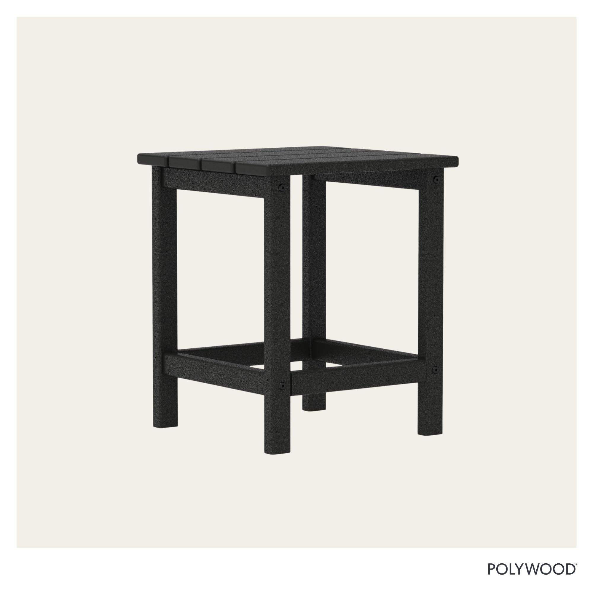 POLYWOOD Long Island 18-inch Side Table black, outdoor setup with seating area.