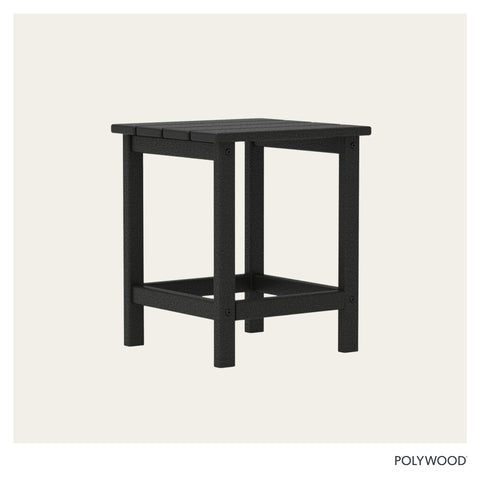 POLYWOOD Long Island 18-inch Side Table black, outdoor setup with seating area.