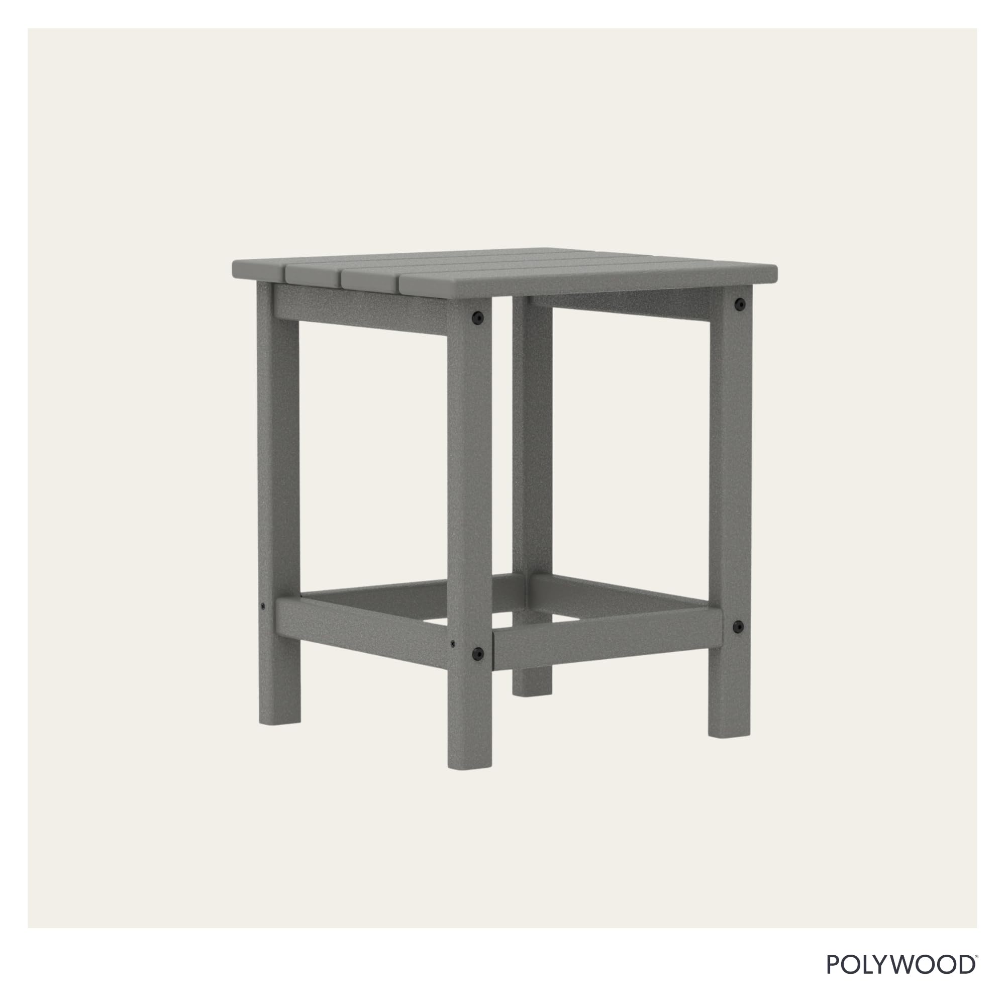 POLYWOOD Long Island Side Table, slate grey, material detail highlights durable HDPE construction.