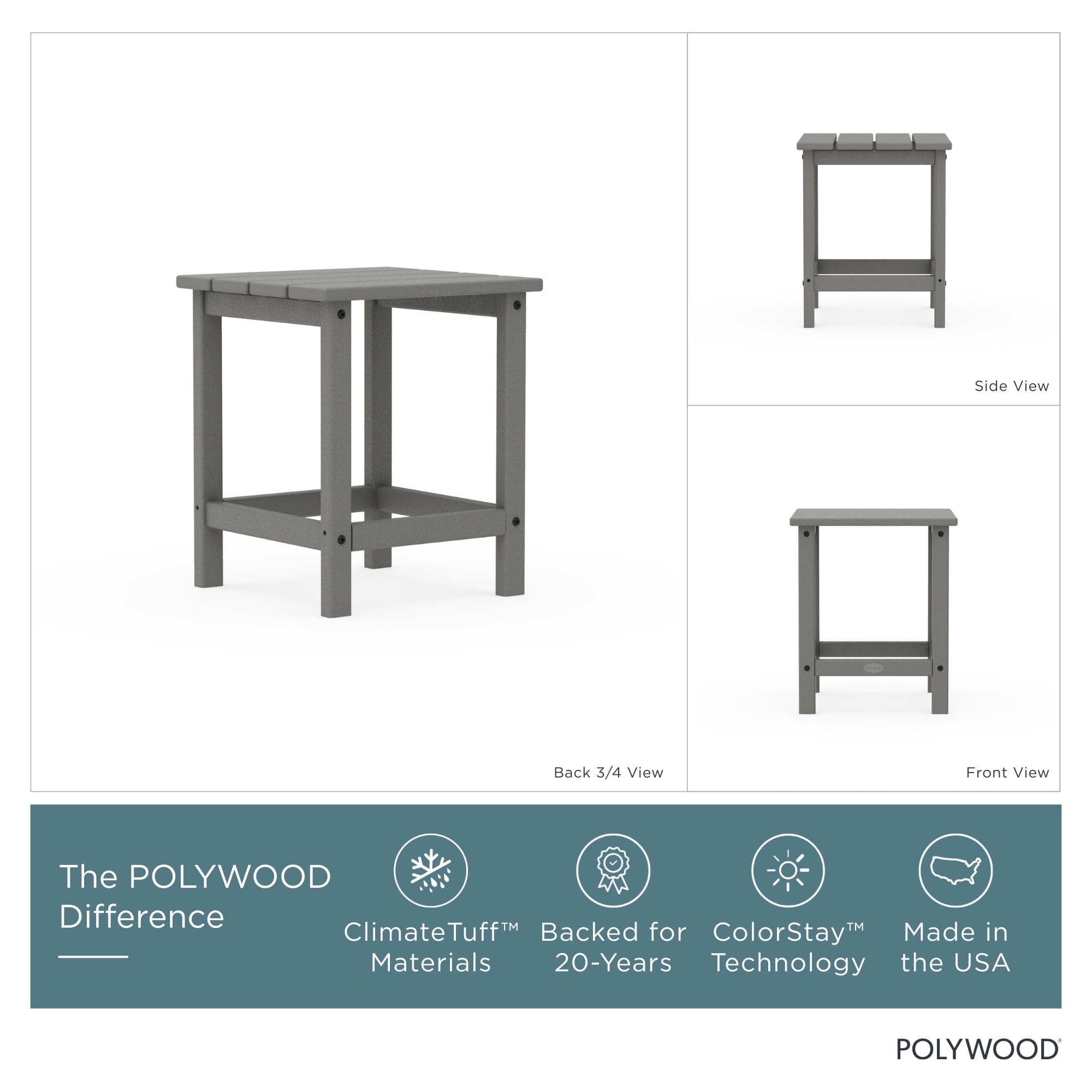 POLYWOOD Long Island Side Table, slate grey, side view, weather-ready companion for outdoor seating.