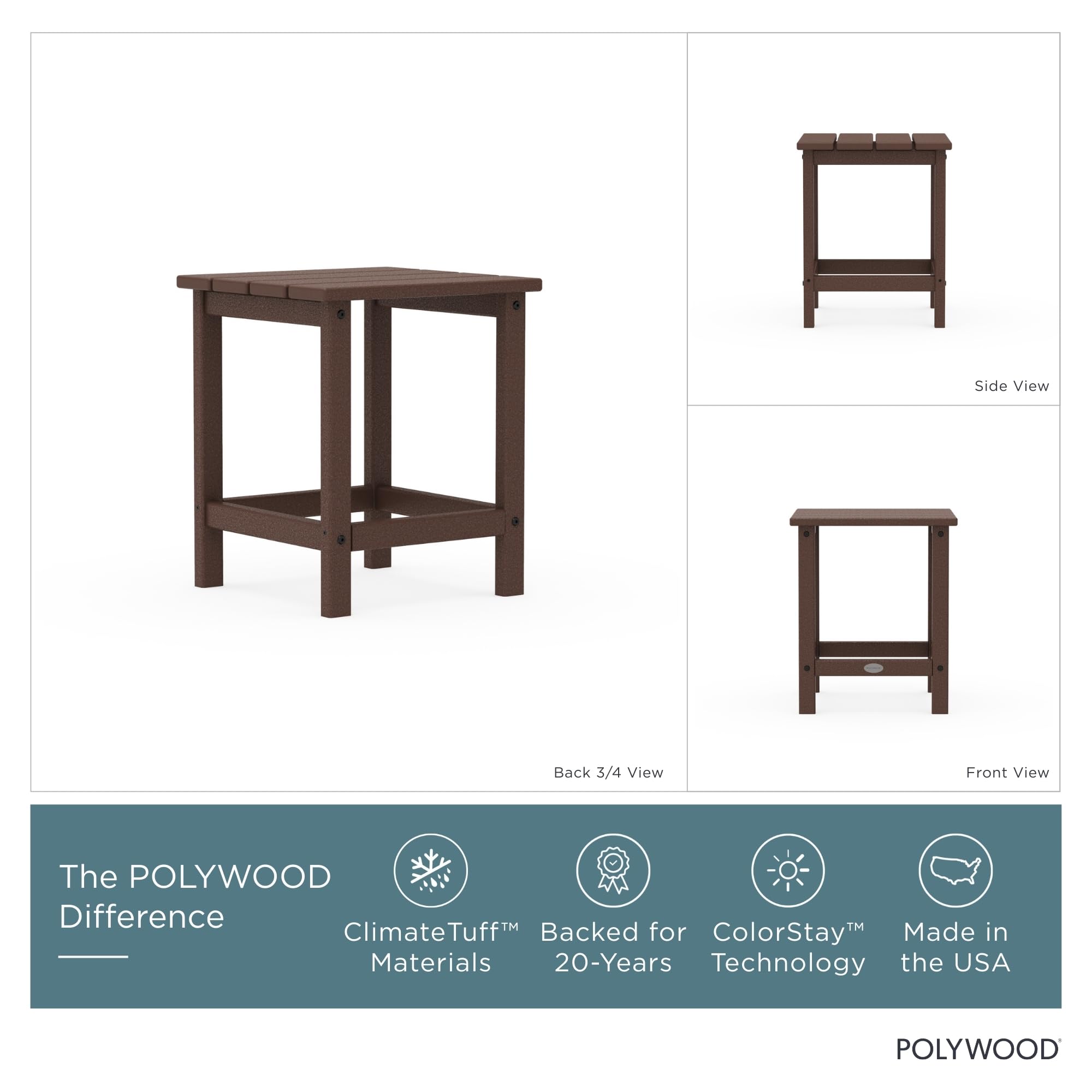 Long Island side table mahogany beside Adirondack chair on patio