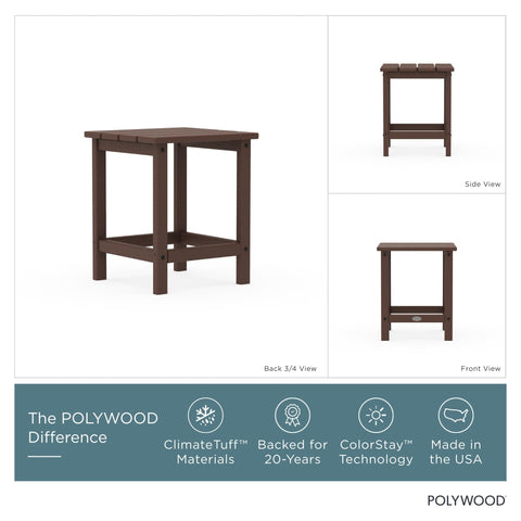 Long Island side table mahogany beside Adirondack chair on patio