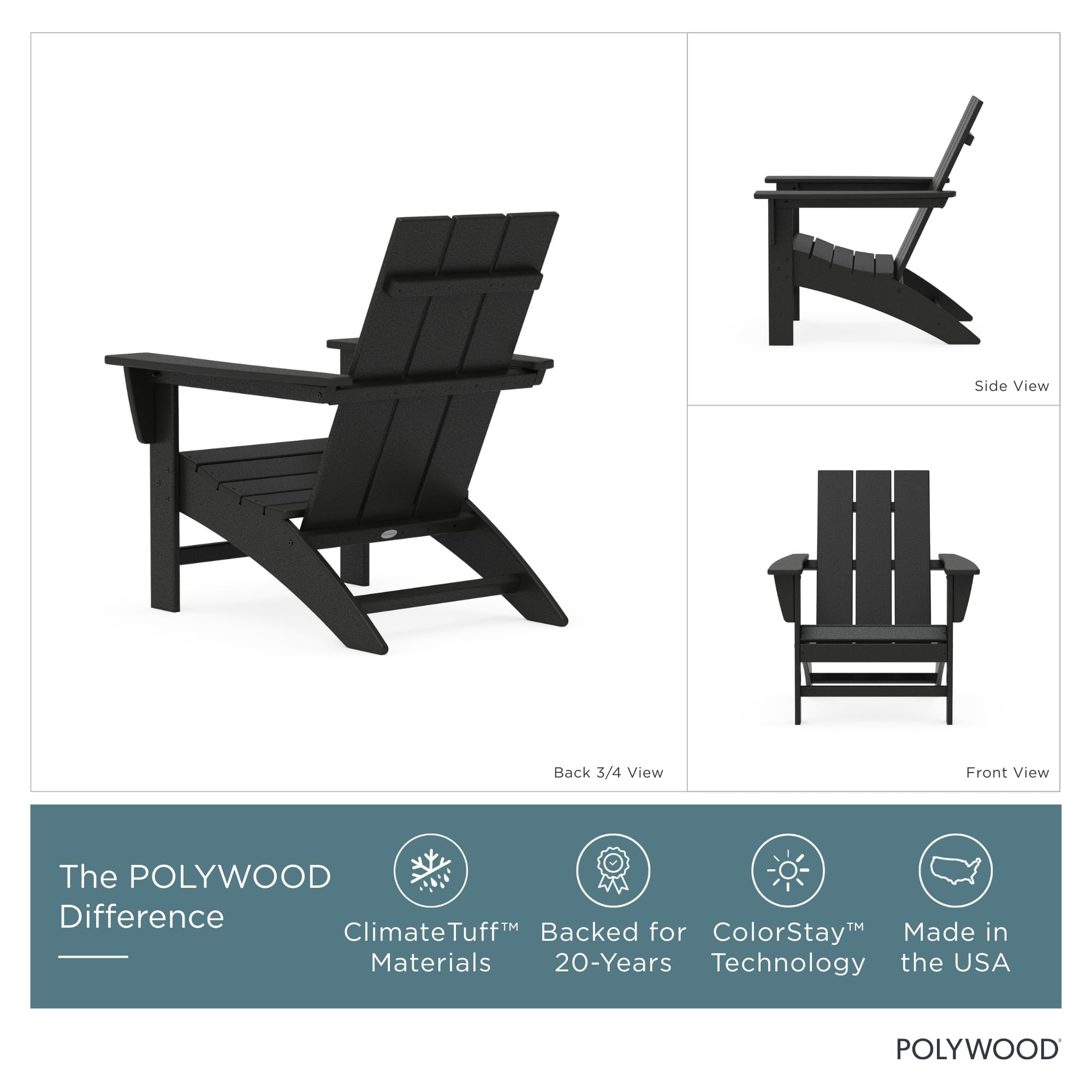 Contoured seat of Polywood chair in black emphasizing comfort and form.
