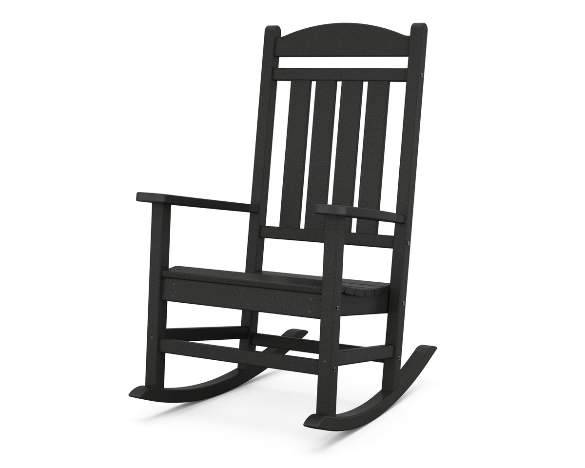 Polywood Presidential Rocking Chair Black front view showcases clean lines and sturdy rockers for porch relaxation.