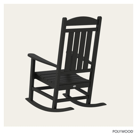 Polywood Presidential Rocking Chair Black rocker detail reveals durable hardware.