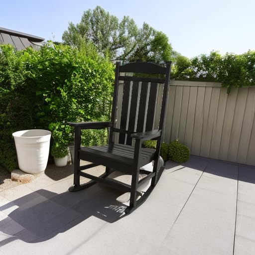 Polywood Presidential Rocking Chair Black side view shows smooth rocking for evenings outdoors.