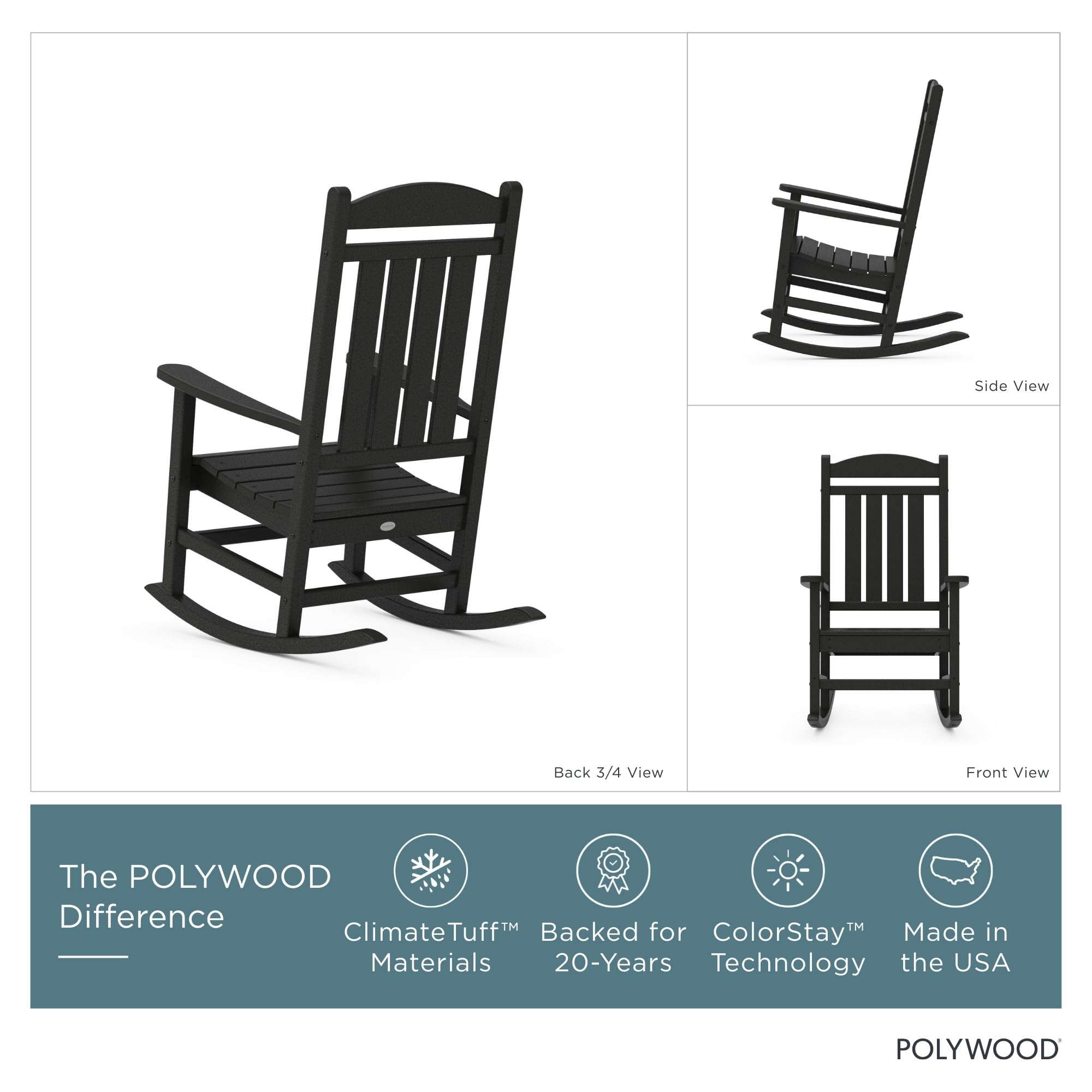 Polywood Presidential Rocking Chair Black vertical back slats provide supportive seating.