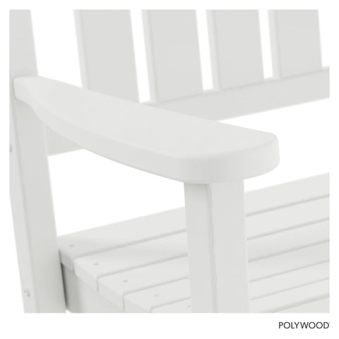Polywood Presidential Rocking Chair in white, assembly instructions show easy setup with marine-grade hardware.