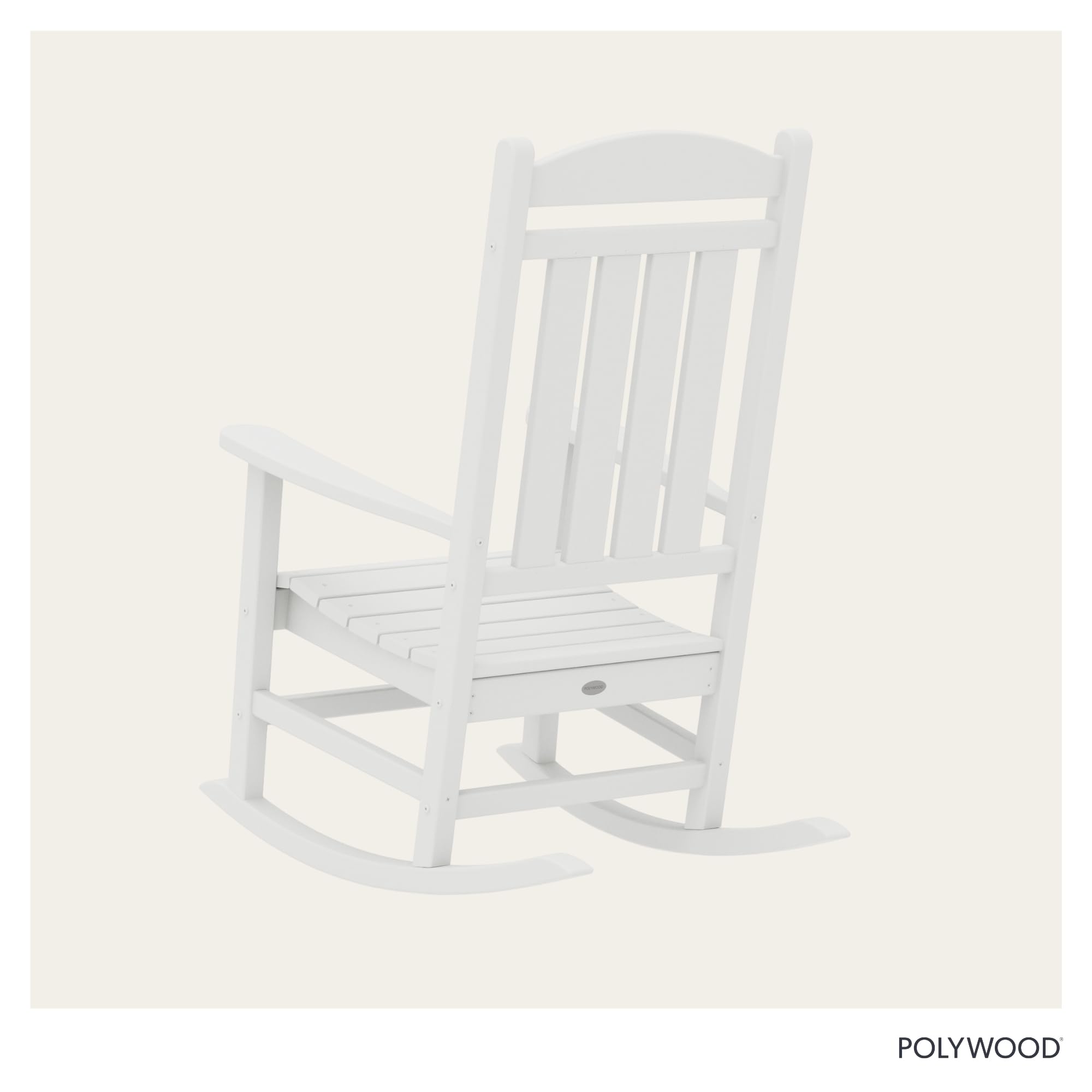 Polywood Presidential Rocking Chair in white, closeup material reveals durable, weather-ready lumber.