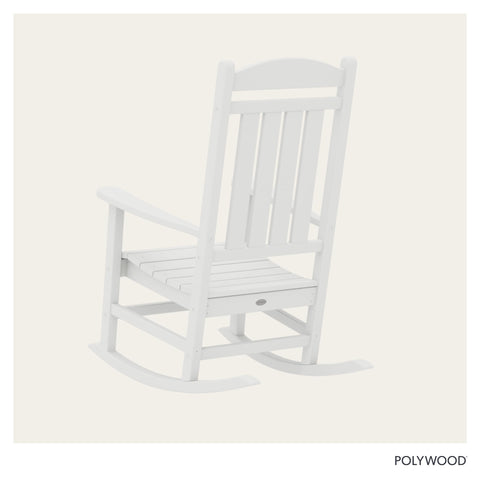 Polywood Presidential Rocking Chair in white, closeup material reveals durable, weather-ready lumber.