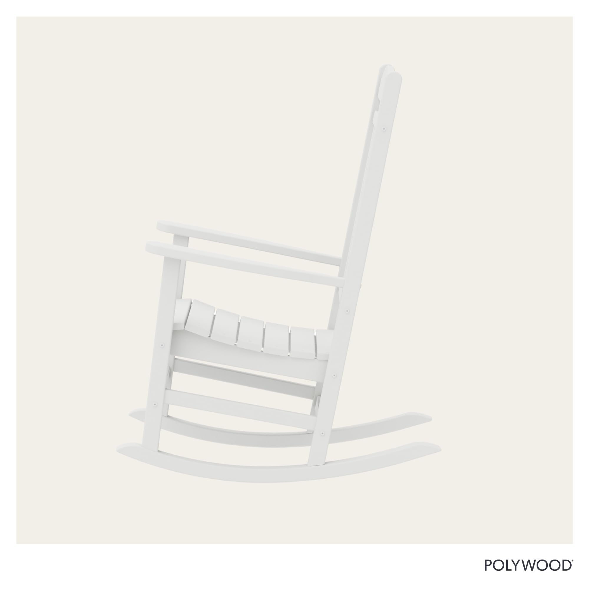 Polywood Presidential Rocking Chair in white, color stability emphasizes COLORSTAY in direct sun.