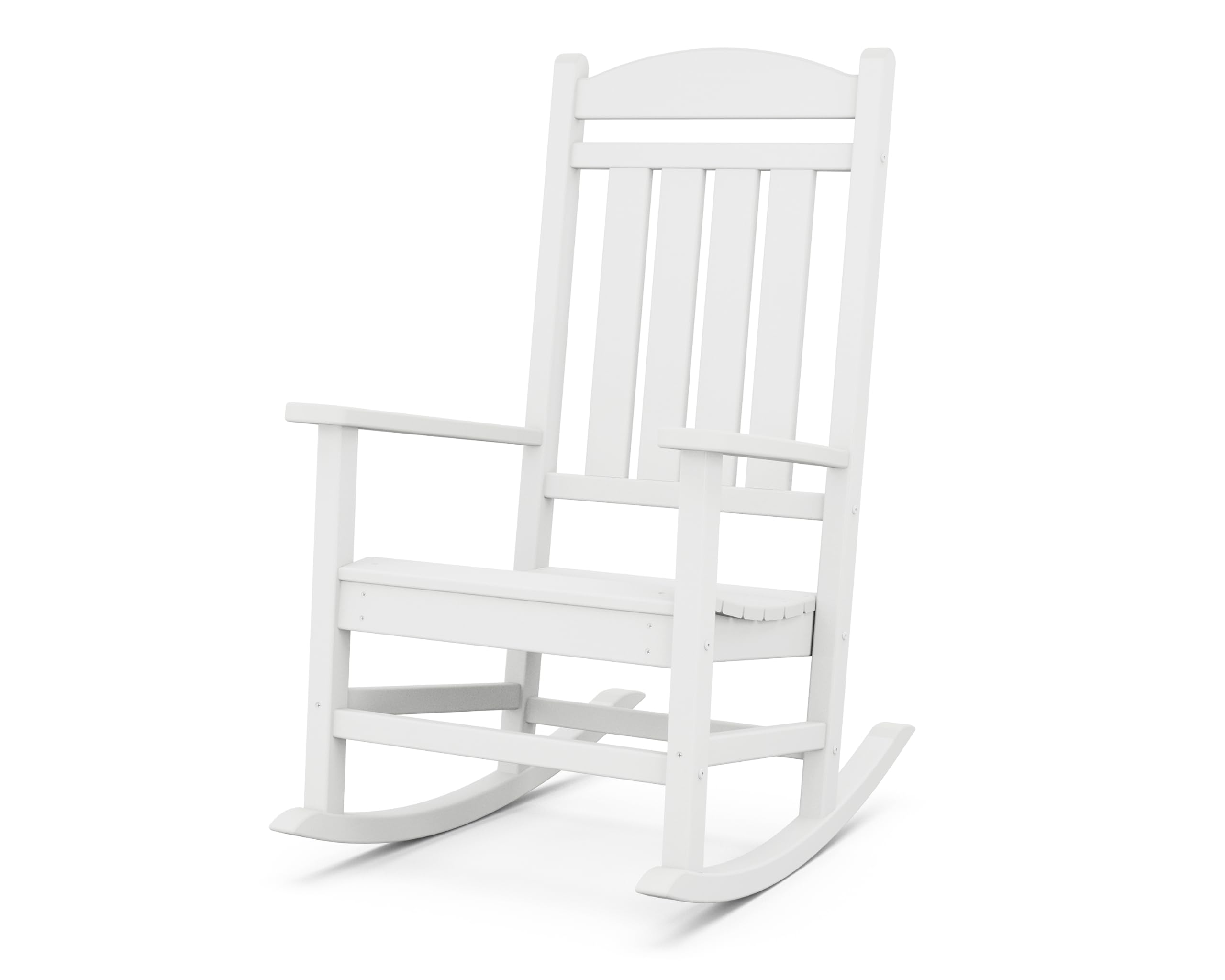 Polywood Presidential Rocking Chair in white, front view showing clean lines and durable outdoor design.