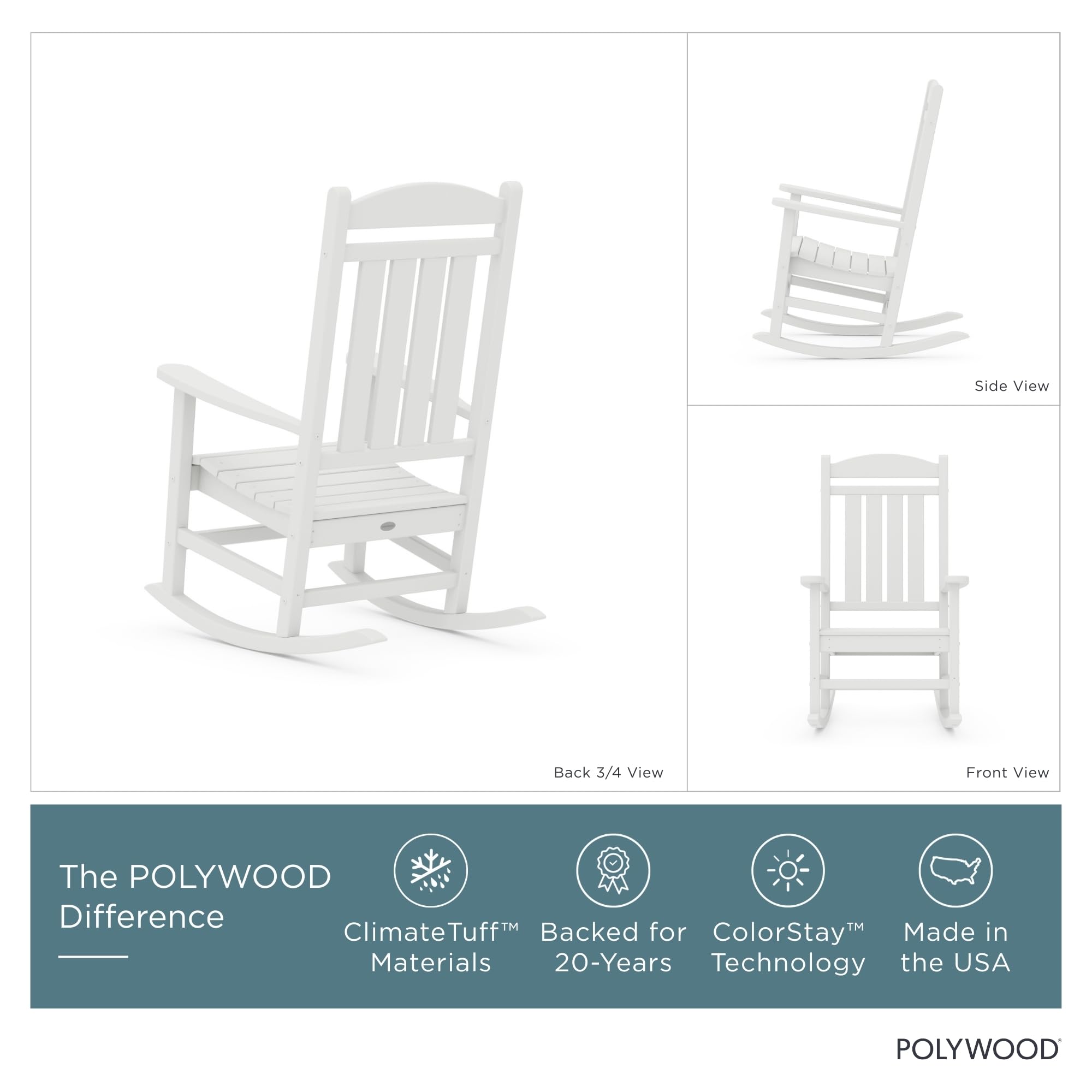 Polywood Presidential Rocking Chair in white, rocking action demonstrates smooth, relaxing motion.