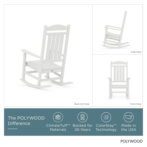 Polywood Presidential Rocking Chair in white, rocking action demonstrates smooth, relaxing motion.