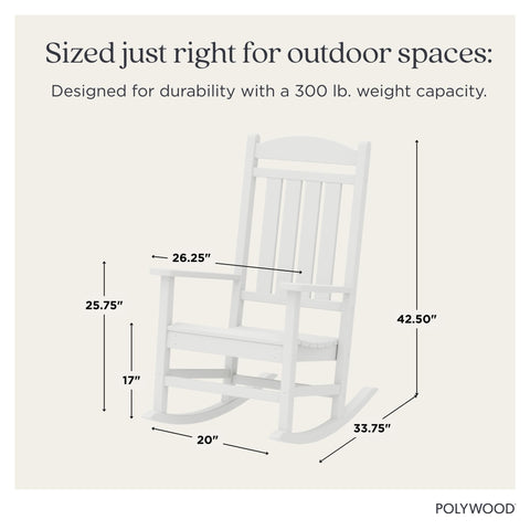 Polywood Presidential Rocking Chair in white, side view highlighting the armrests and ergonomic silhouette.