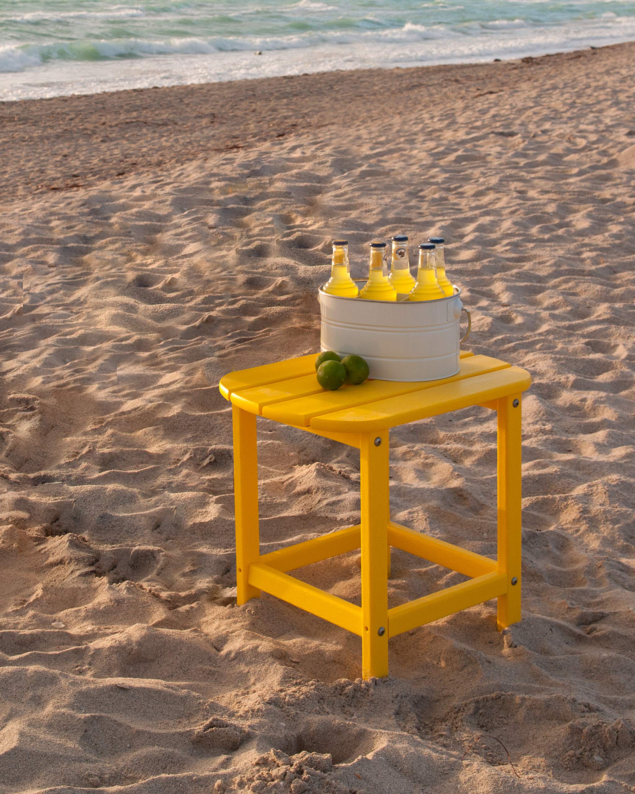 Polywood South Beach side table, side-angle view, versatile companion beside chairs and snacks.