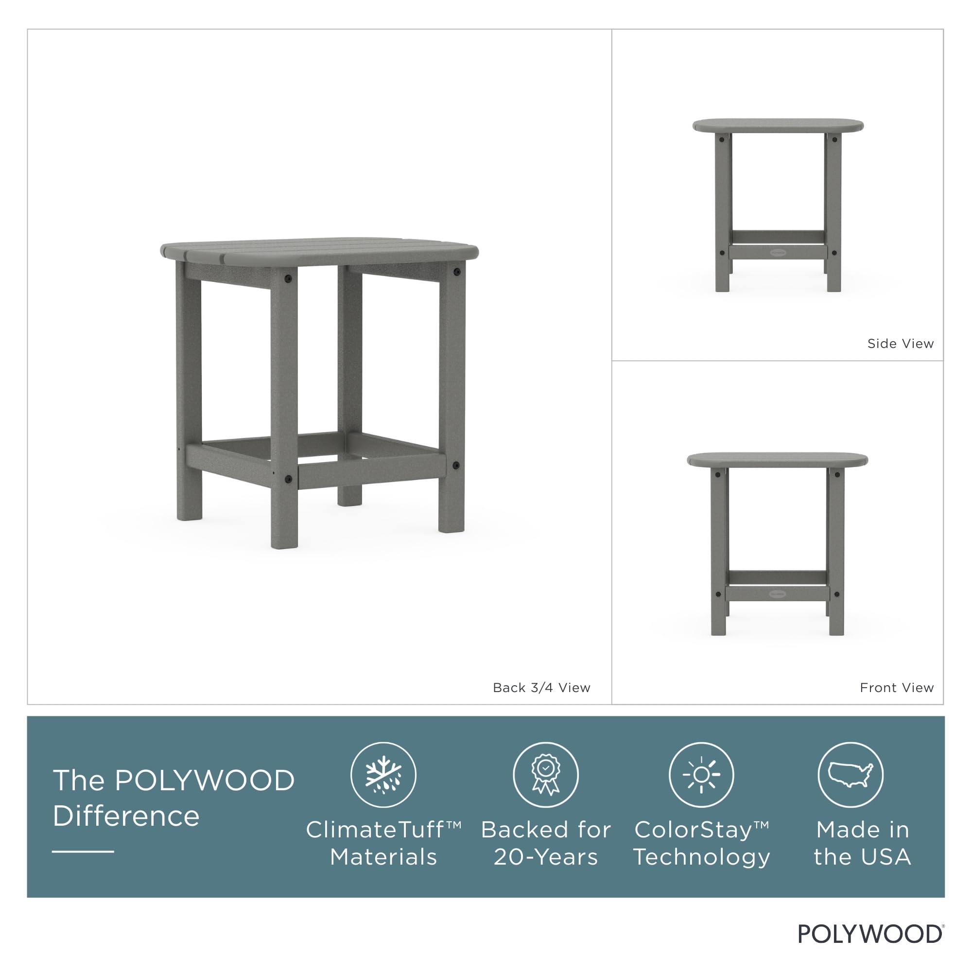 Polywood South Beach side table, top close-up, fade-resistant slate grey finish.