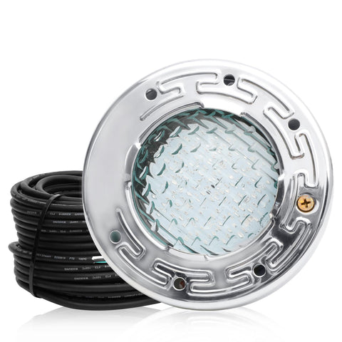 Pomeade 6 inch LED pool light close-up showing bright illumination for evening swimming.